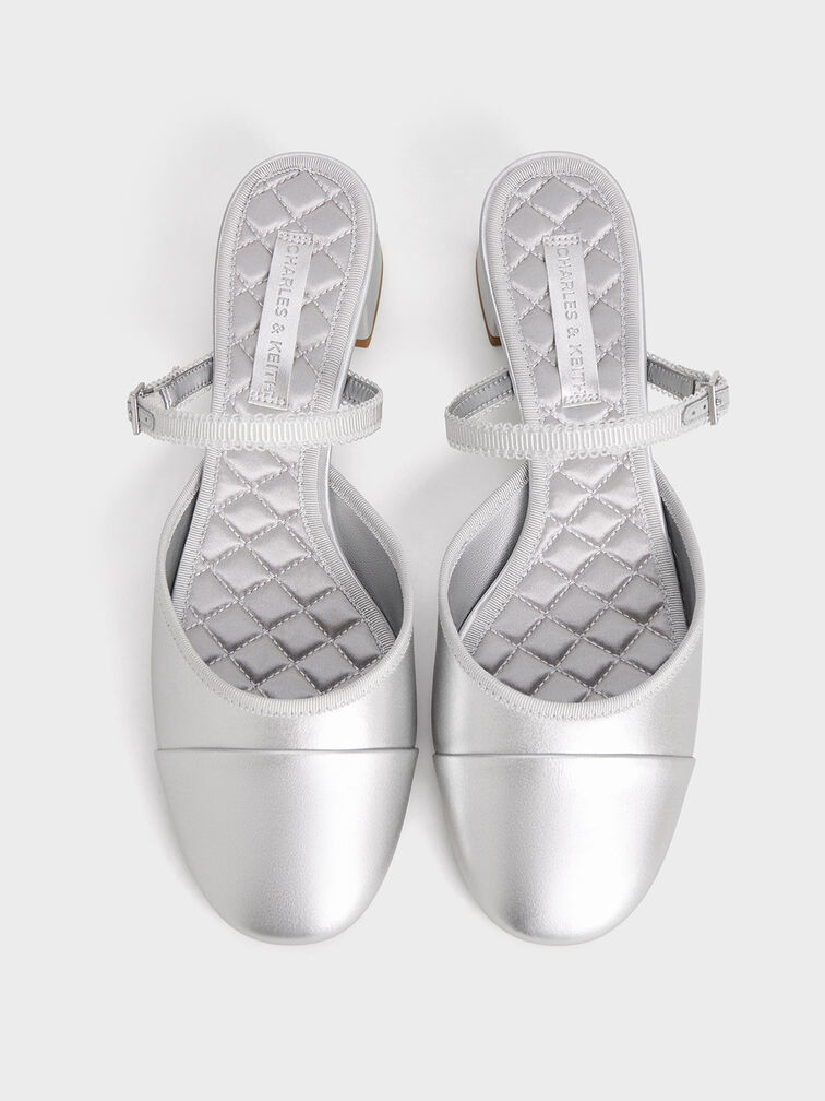 Buckled-Strap Trapeze-Heel Mules, Silver, hi-res