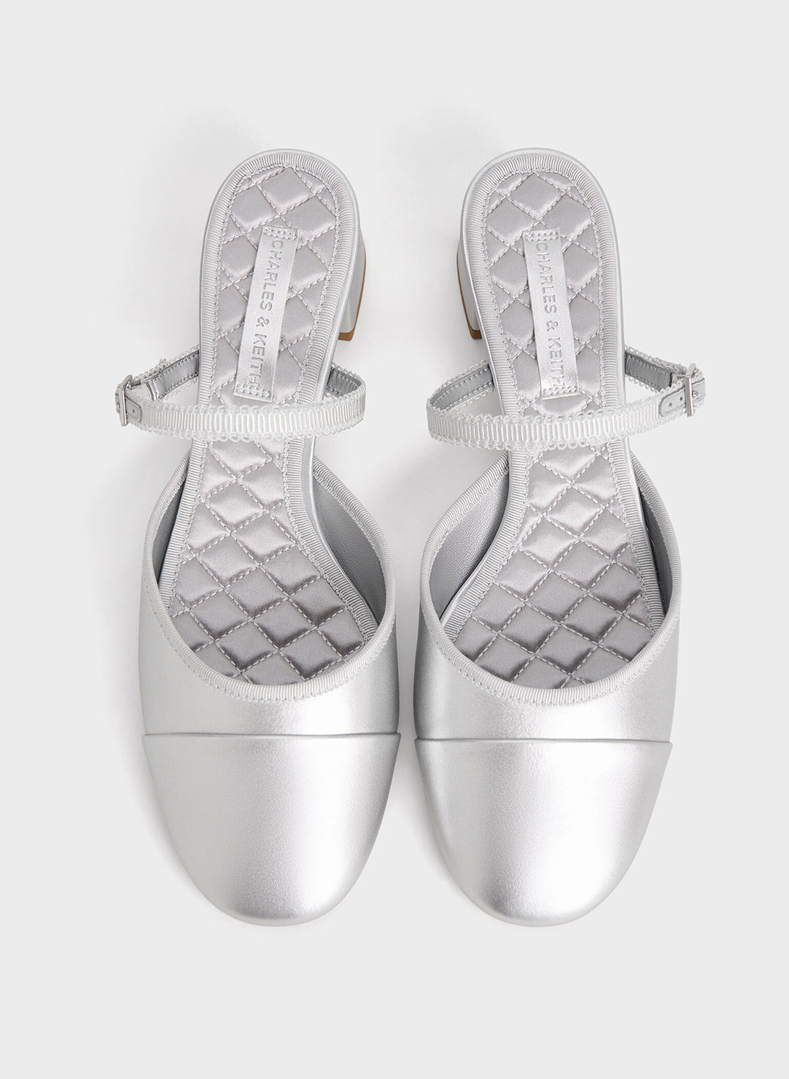 Buckled-Strap Trapeze-Heel Mules, Silver, hi-res