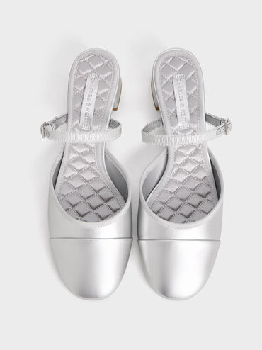 Buckled-Strap Trapeze-Heel Mules, Silver, hi-res