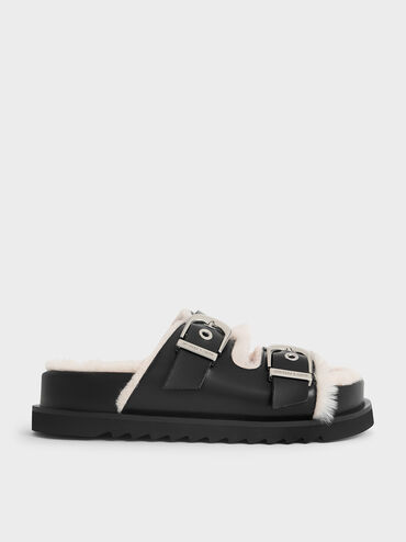 Hannah Furry Buckled Double-Strap Sandals, Black, hi-res