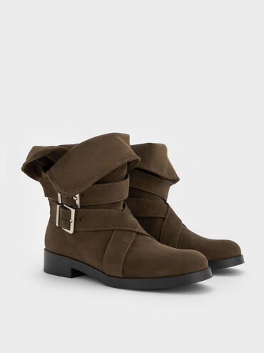 Brett Faux Suede Buckle-Strap Calf Boots, Dark Brown Textured, hi-res