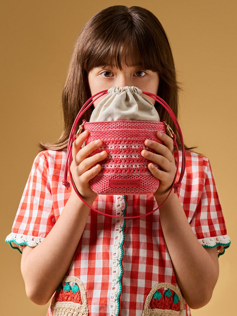 Girls' Ida Knitted Gingham Bucket Bag, Gingham Red, hi-res