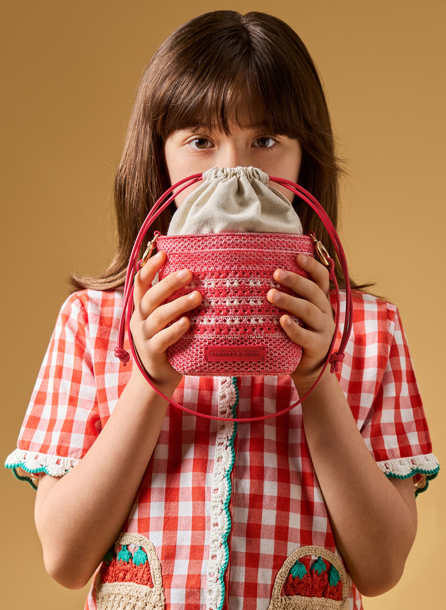 Girls' Ida Knitted Gingham Bucket Bag, Gingham Red, hi-res