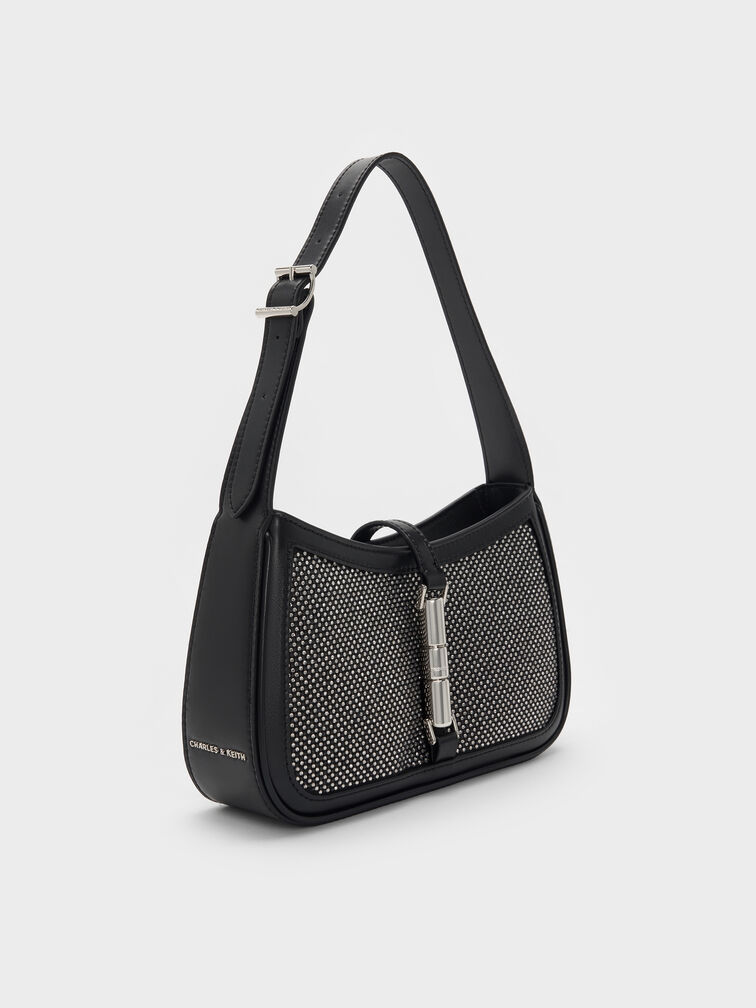 Cesia Satin Crystal-Embellished Metallic-Accent Shoulder Bag, Lustrous Noir, hi-res