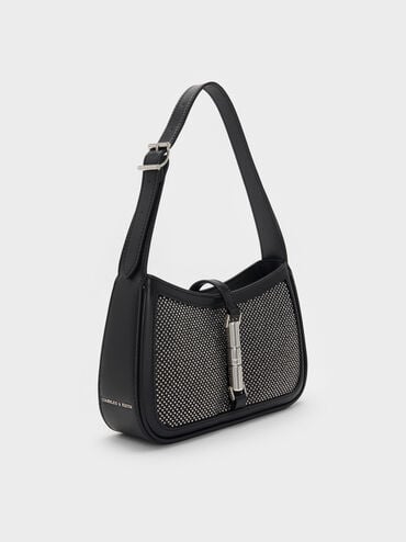 Cesia Satin Crystal-Embellished Metallic-Accent Shoulder Bag, Lustrous Noir, hi-res