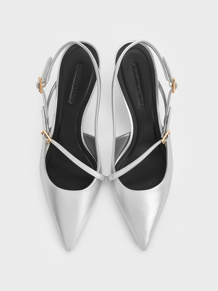 Metallic Buckled Sculptural-Heel Slingback Pumps, Silver, hi-res
