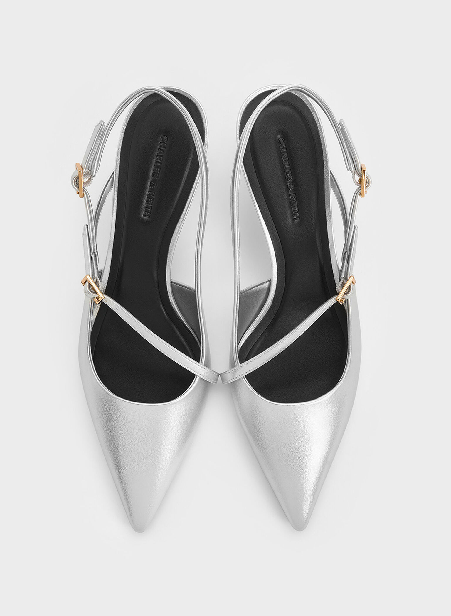 Metallic Buckled Sculptural-Heel Slingback Pumps, Silver, hi-res