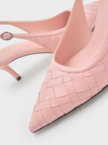 Woven Pointed-Toe Slingback Pumps, Light Pink, hi-res