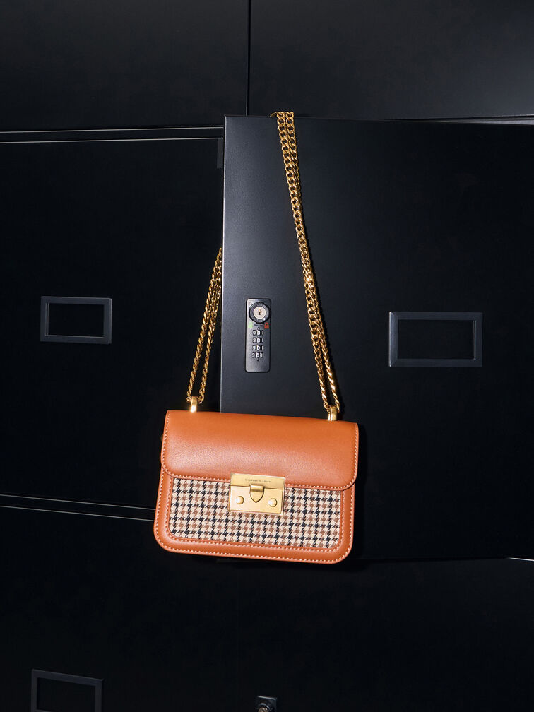 Alva Checkered Front Flap Bag, Cognac, hi-res