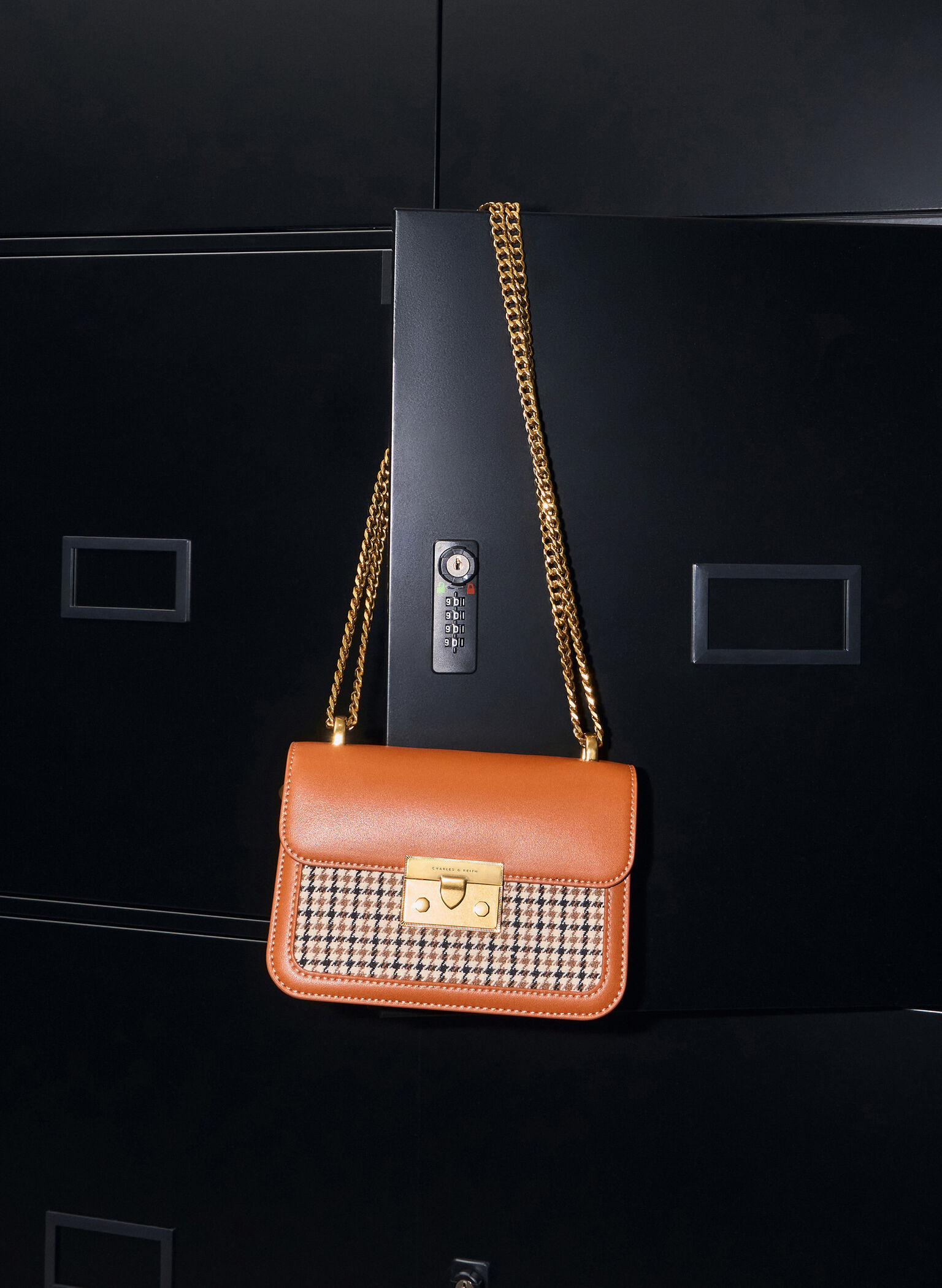 Alva Checkered Front Flap Bag, Cognac, hi-res