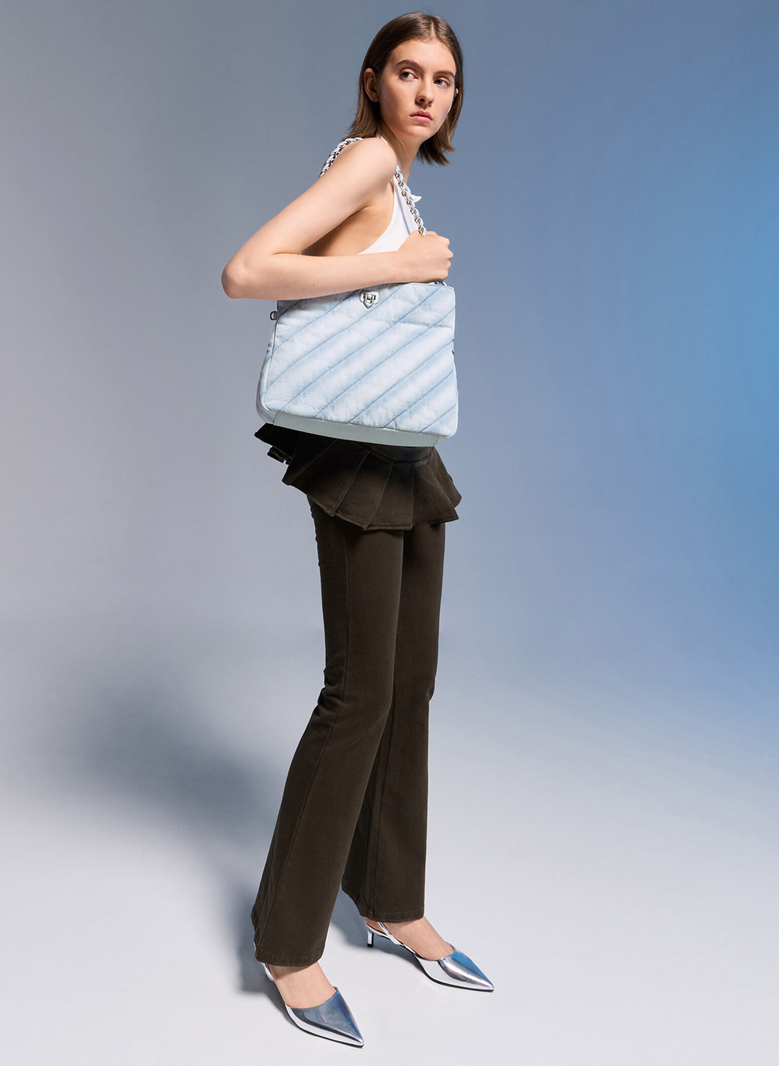 Fawn Denim Panelled Chain-Handle Shoulder Bag, Light Washed Denim, hi-res