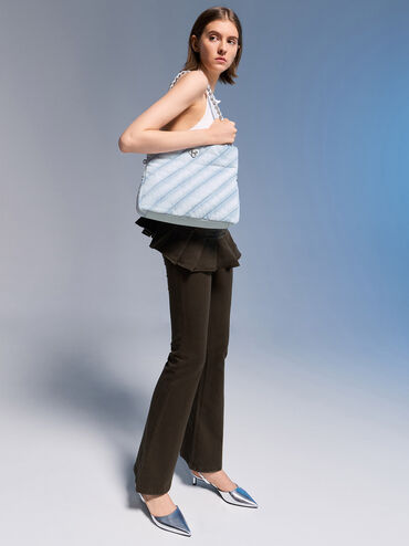 Fawn Denim Panelled Chain-Handle Shoulder Bag, Light Washed Denim, hi-res