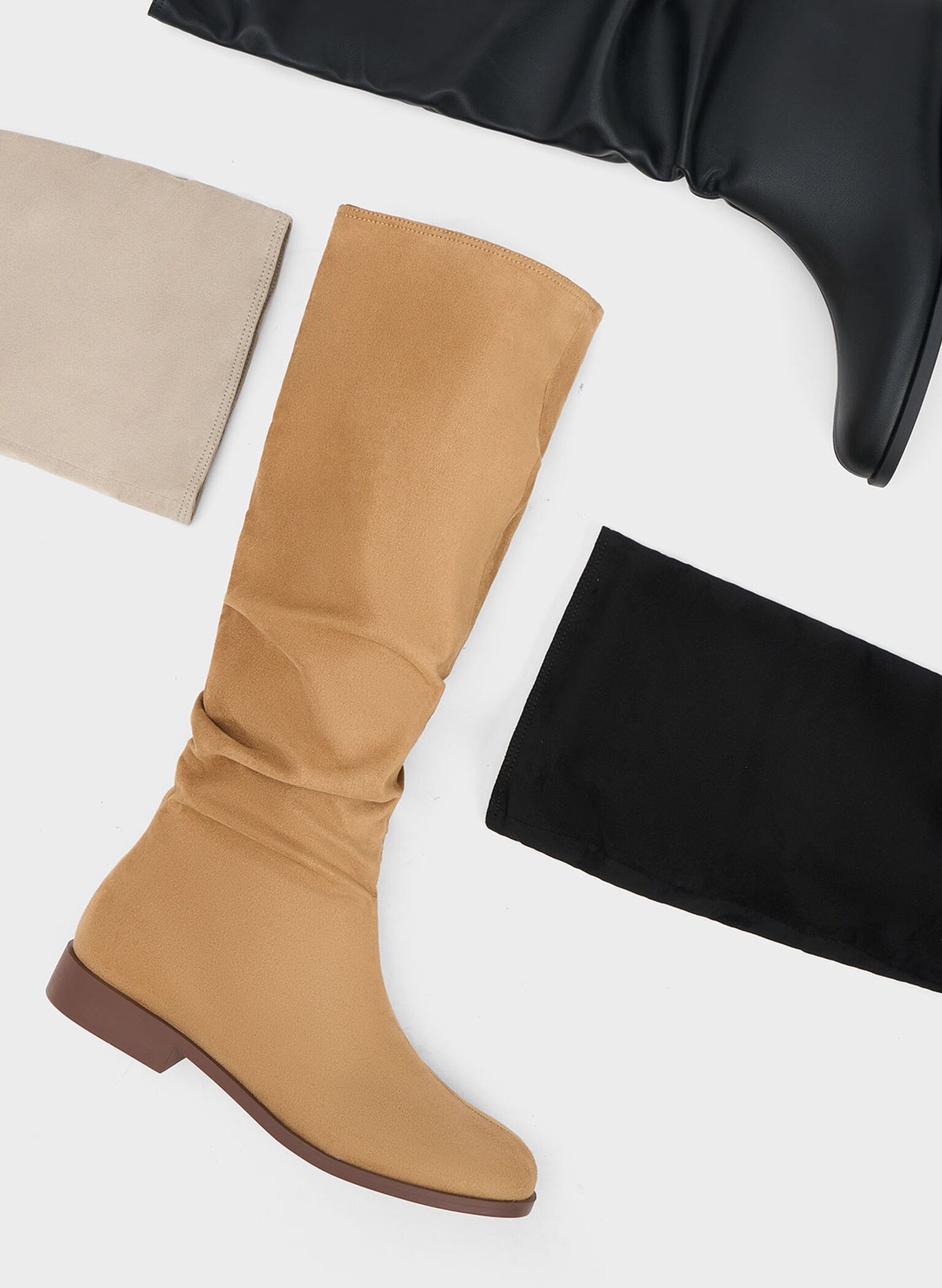 Textured Ruched Knee-High Boots, Taupe, hi-res