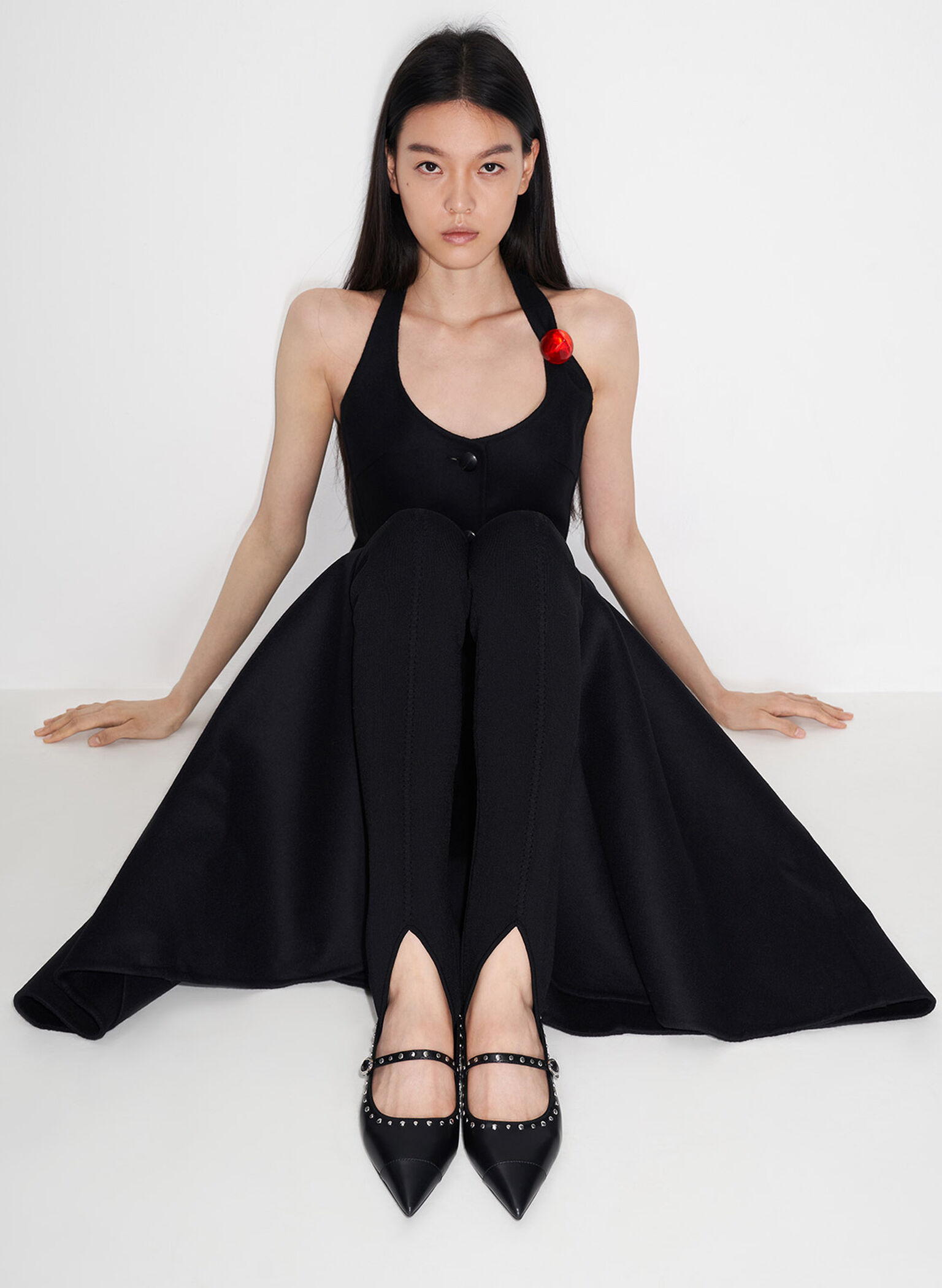 Studded Pointed-Toe Mary Jane Flats, Black, hi-res