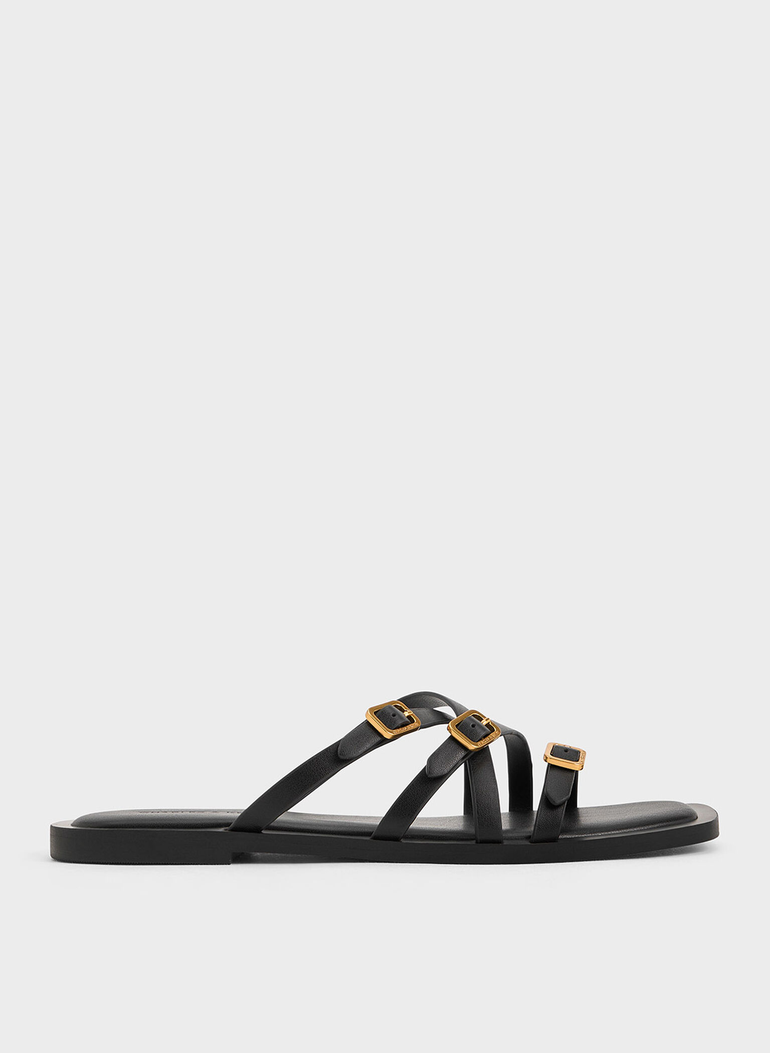 Strappy Buckled Slide Sandals, Black, hi-res