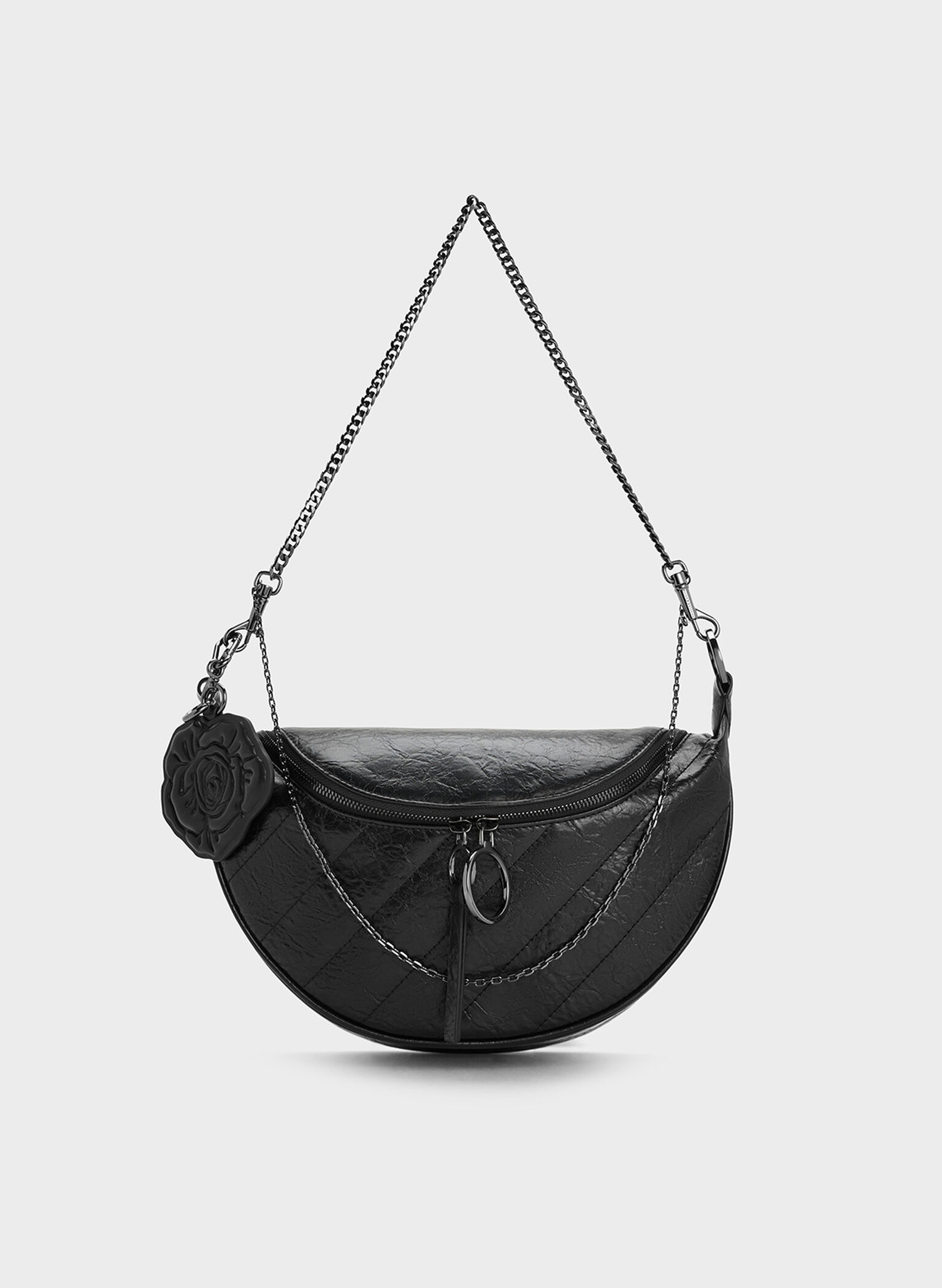 Philomena Rose-Motif Half-Moon Crossbody Bag, Noir, hi-res