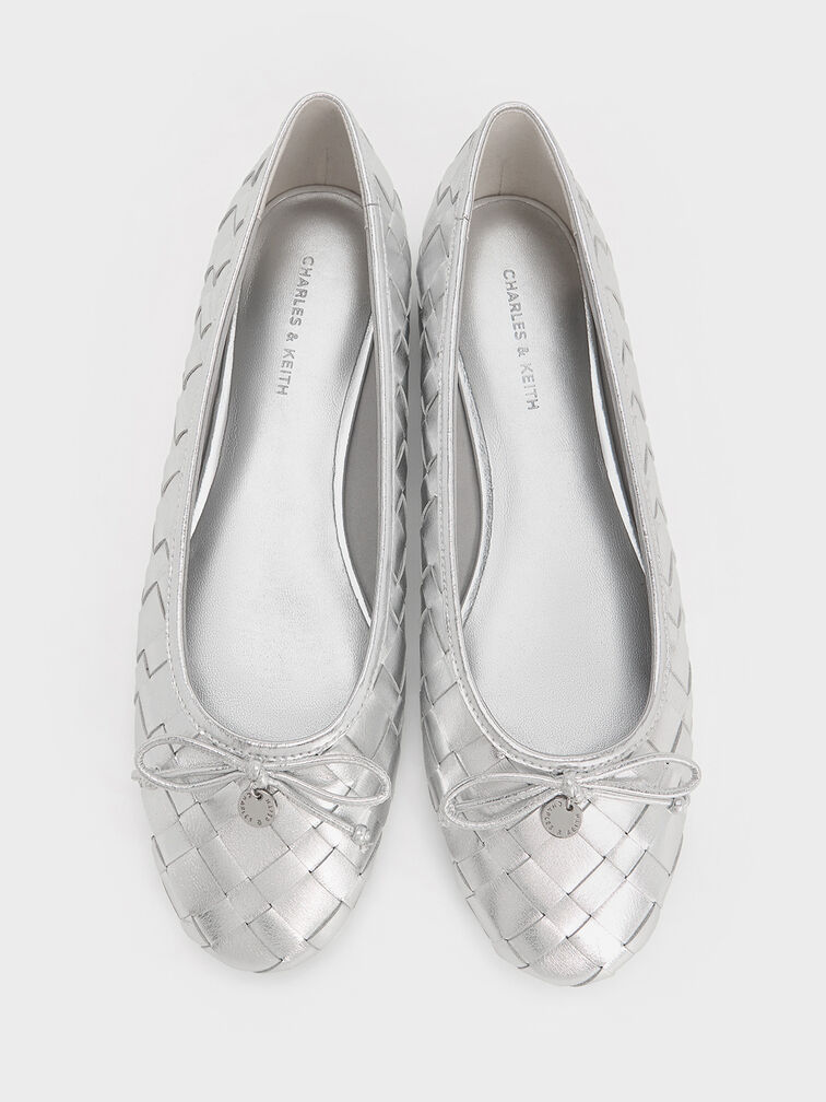 Metallic Woven Bow Ballet Flats, Silver, hi-res