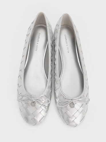 Metallic Woven Bow Ballet Flats, Silver, hi-res