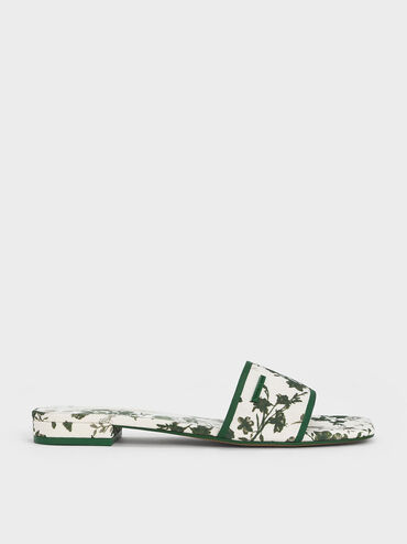 Floral-Print Slide Sandals, Green, hi-res