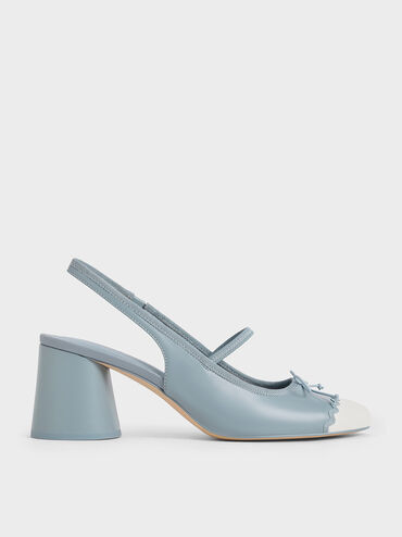 Two-Tone Bow Slingback Pumps, Light Blue, hi-res