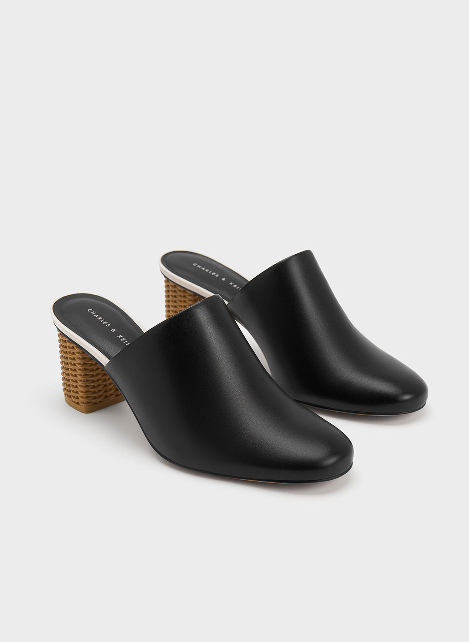 Rattan Block Heel Mules, Black, hi-res