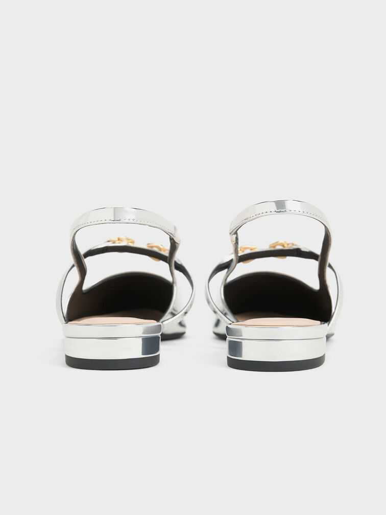 Trifina Metallic-Accent Pointed-Toe Slingback Flats, Silver, hi-res