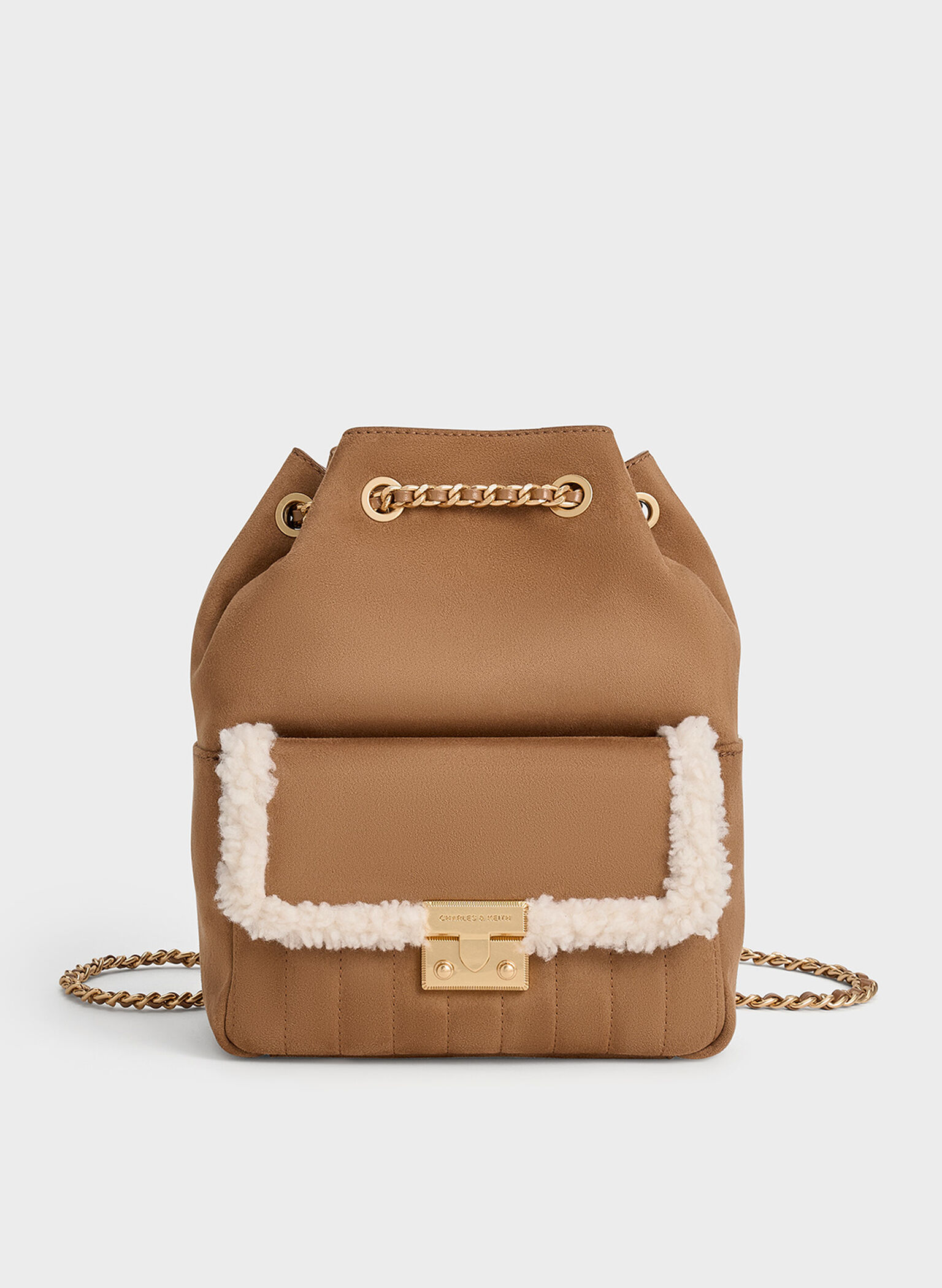 Donna Faux Suede Fur-Trim Backpack, Tan, hi-res