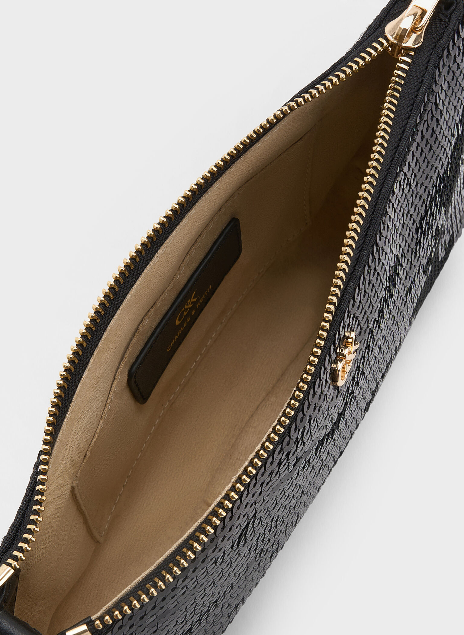 Sequin Mesh & Leather Shoulder Bag, Black, hi-res