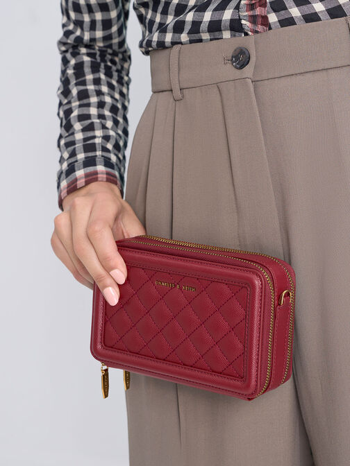 Quilted Boxy Long Wallet, Red, hi-res