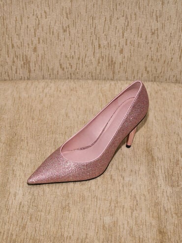 Glittered Cone-Heel Pointed-Toe Pumps, Pink, hi-res