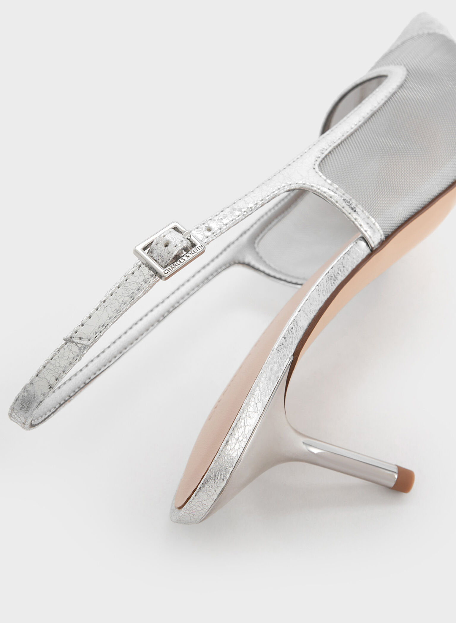 Mesh & Lace Pointed-Toe Slingback Pumps, Silver, hi-res