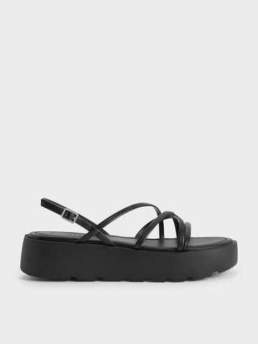 Strappy Ridged-Sole Flatform Sandals, Black, hi-res