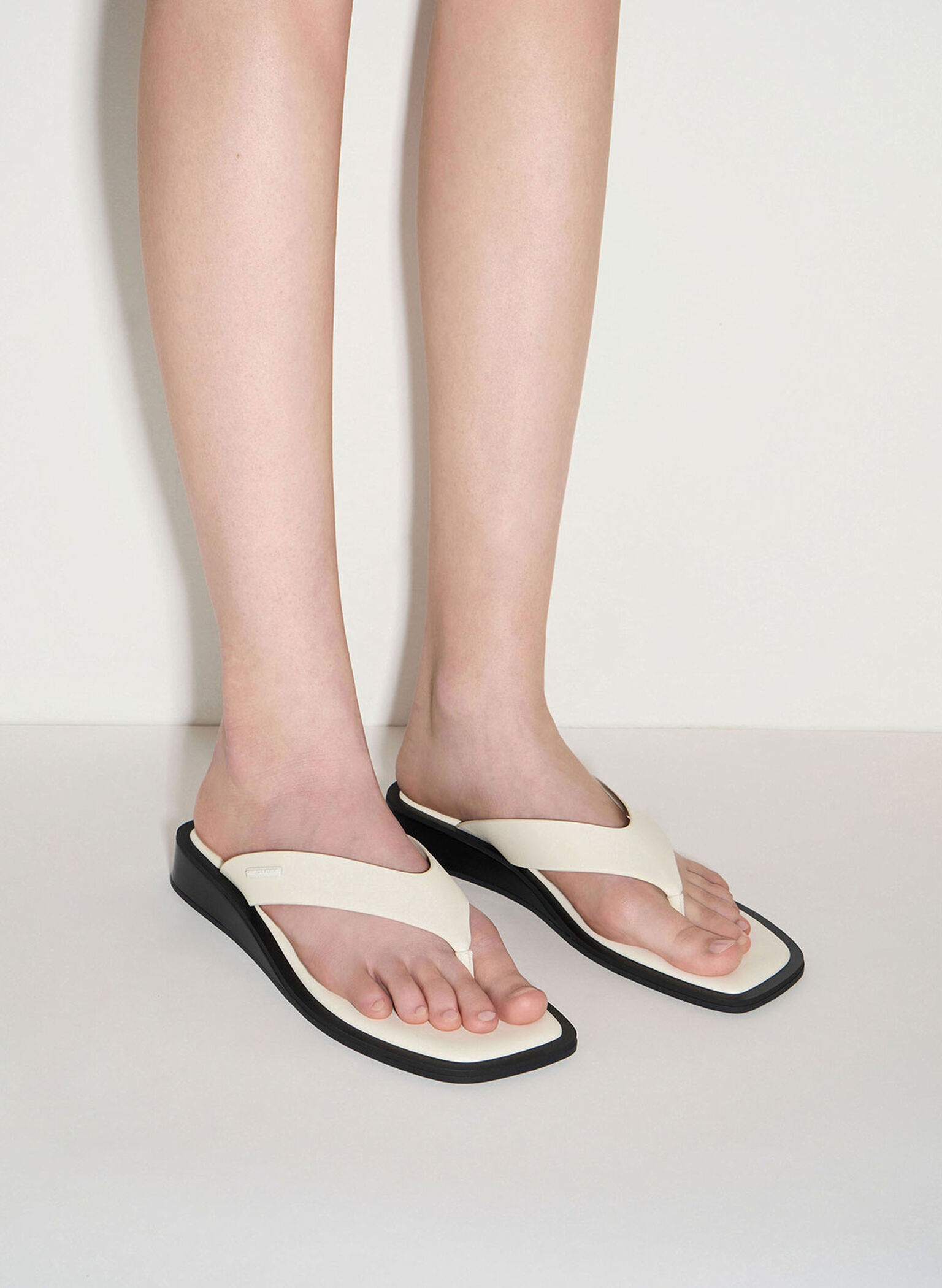 V-Strap Wedge Thong Sandals, Cream, hi-res