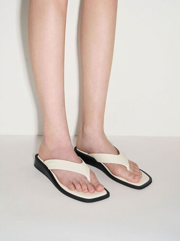 V-Strap Wedge Thong Sandals, Cream, hi-res