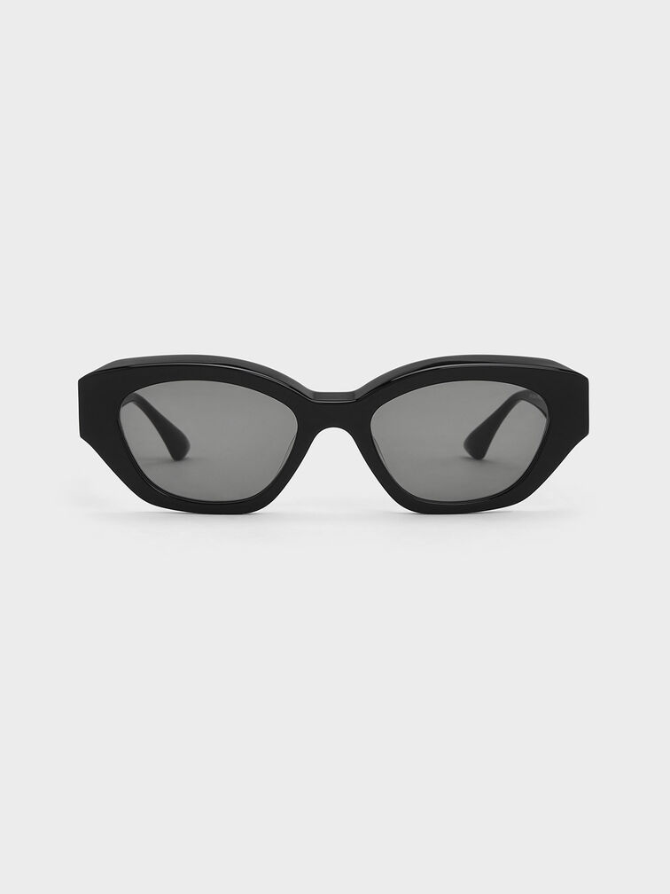 Recycled Acetate Geometric-Frame Cateye Sunglasses, Black, hi-res