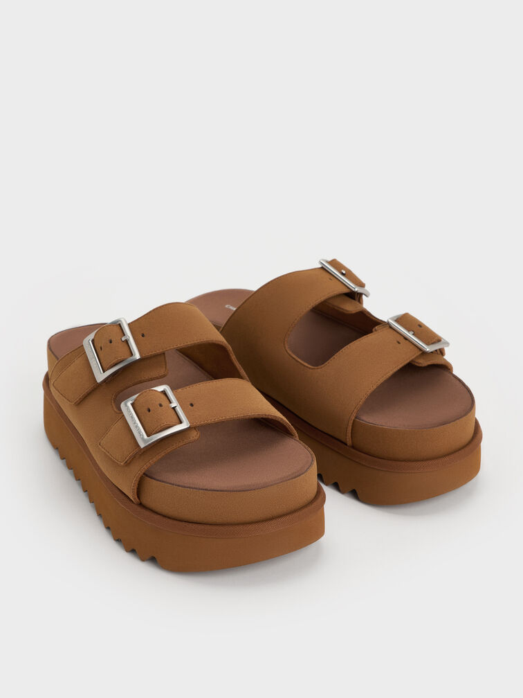 Buckled Double-Strap Flatform Sandals, Brown, hi-res