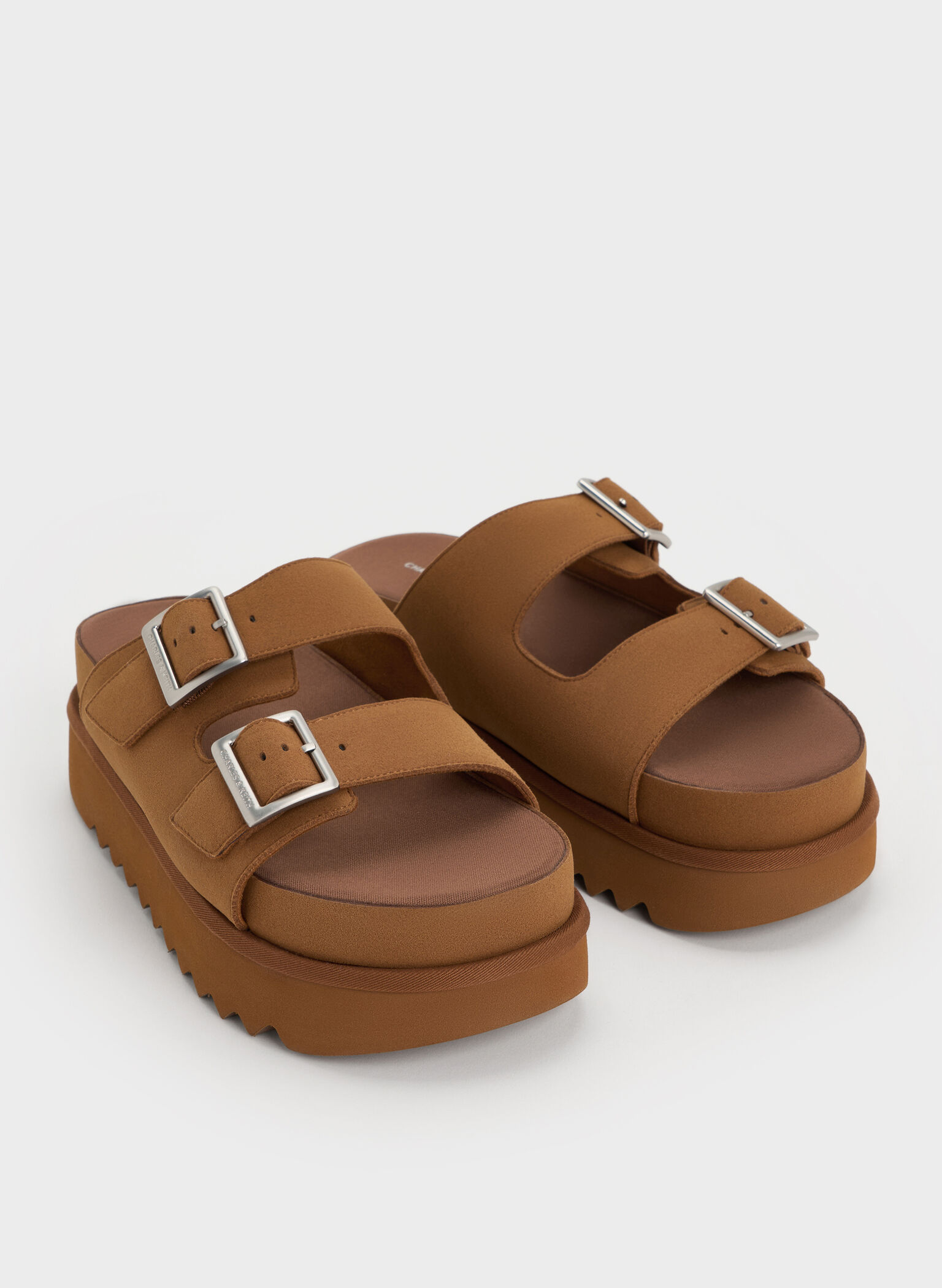 Buckled Double-Strap Flatform Sandals, Brown, hi-res