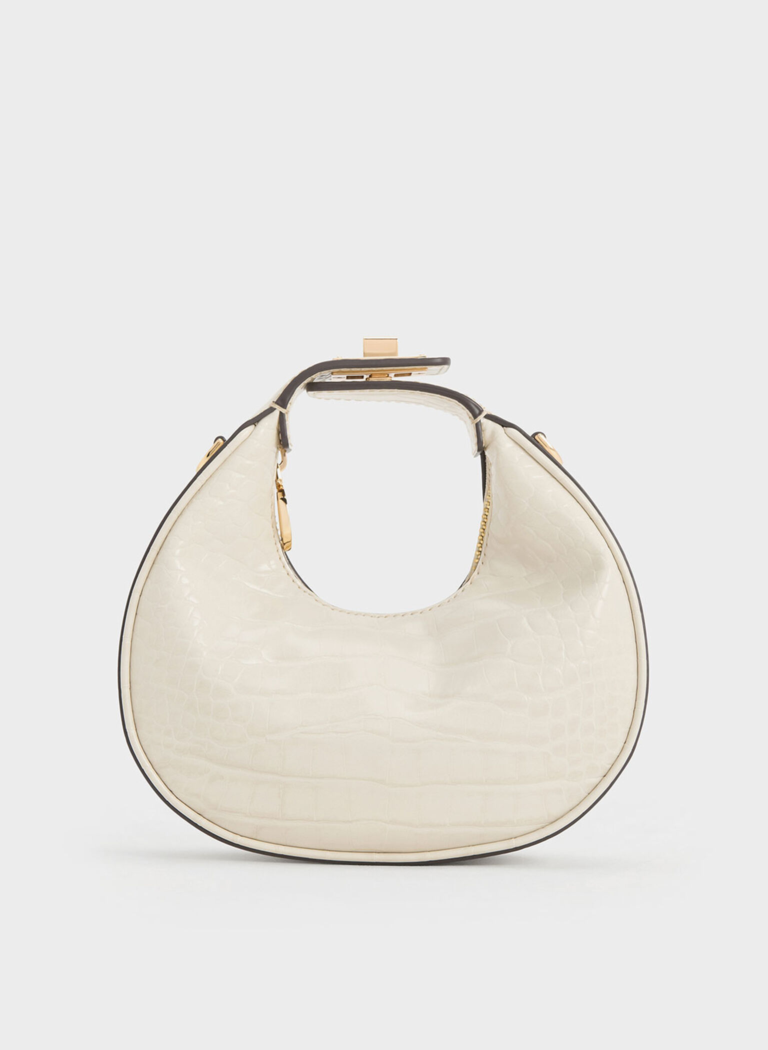 Mini Croc-Effect Moon Bag, Ivory, hi-res