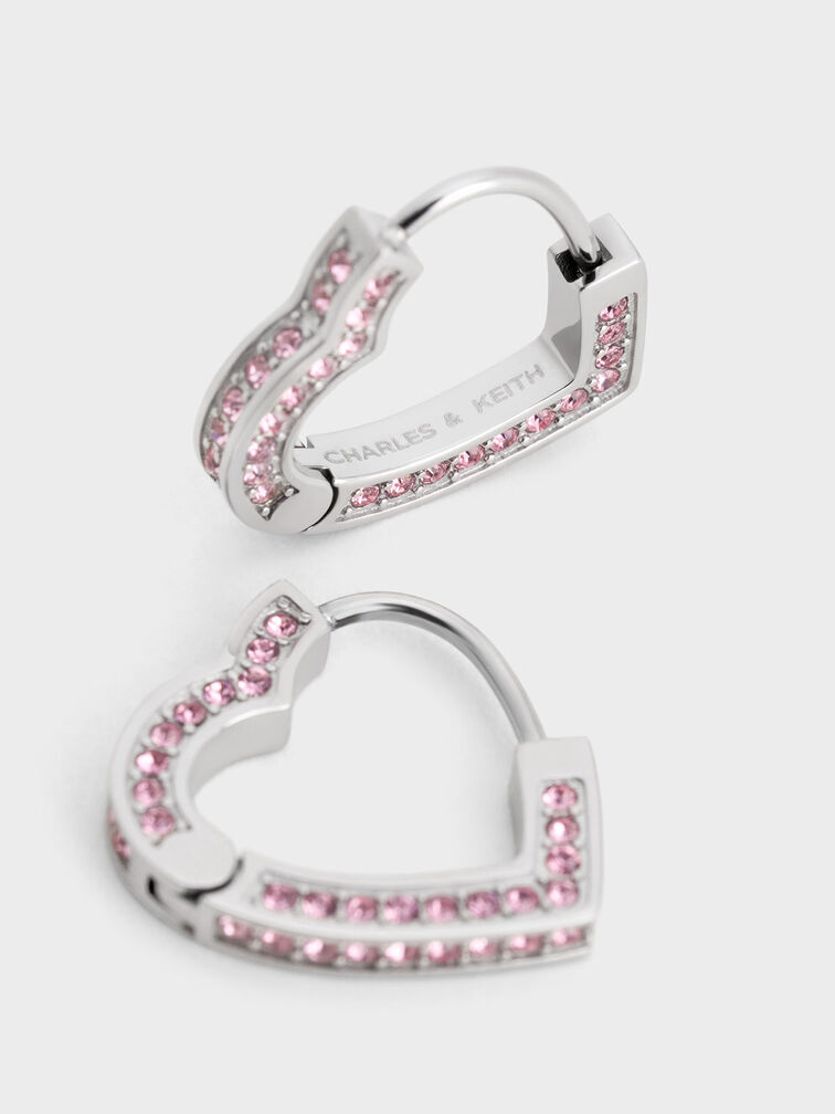 Malorie Crystal Heart Hoop Earrings, Silver, hi-res