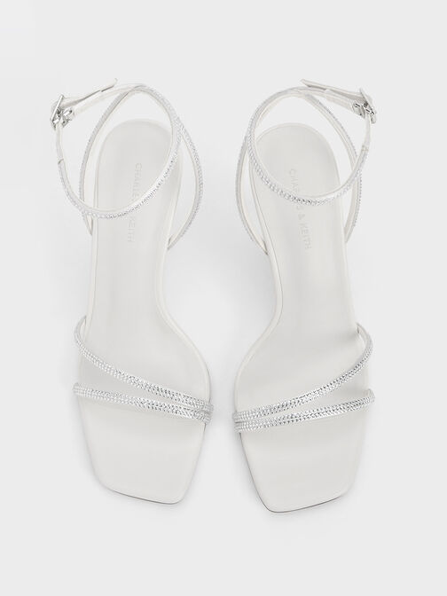 Satin Crystal-Embellished Stiletto-Heel Sandals, White, hi-res