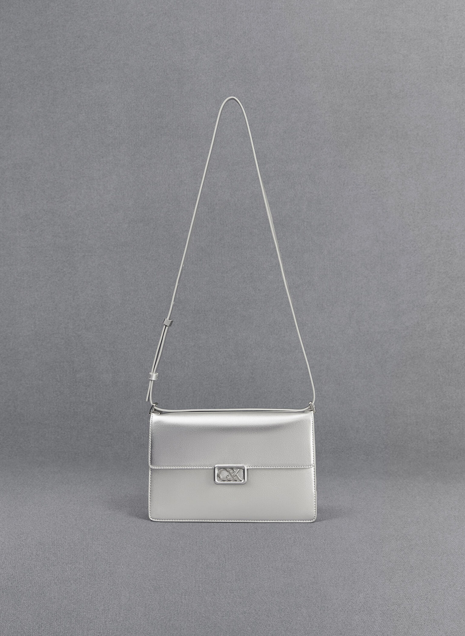Metallic Leather Shoulder Bag, Silver, hi-res