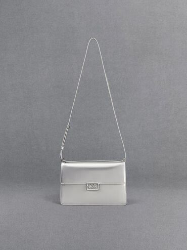 Metallic Leather Shoulder Bag, Silver, hi-res