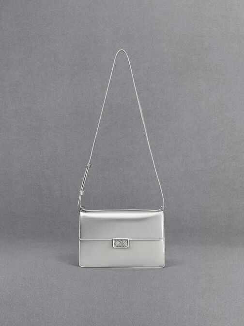 Metallic Leather Shoulder Bag, Silver, hi-res