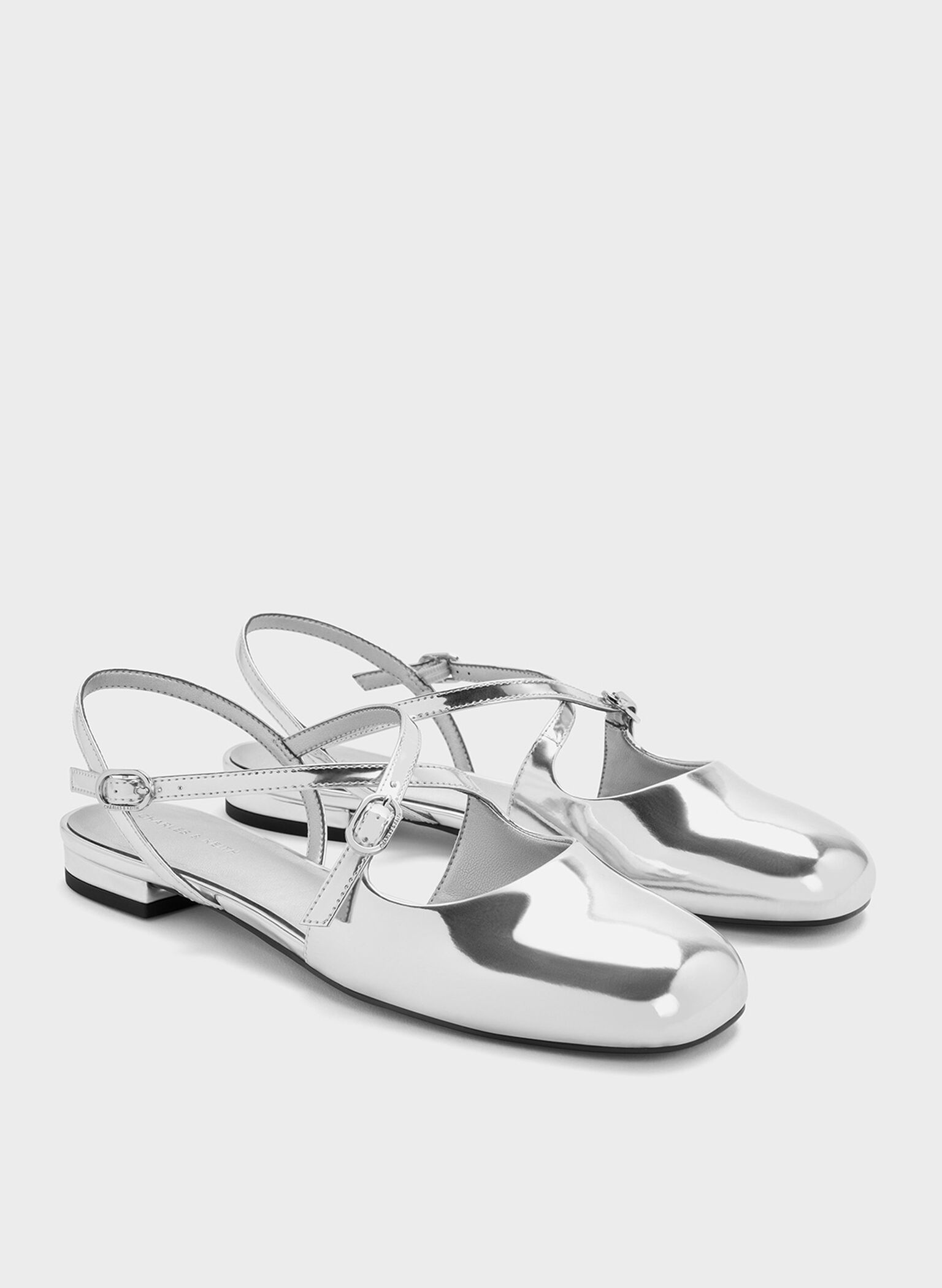Metallic Crossover Buckled Slingback Flats, Silver, hi-res