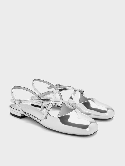 Metallic Crossover Buckled Slingback Flats, Silver, hi-res