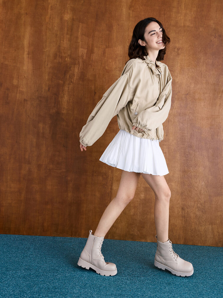 Ridged-Sole Lace-Up Combat Boots, Beige, hi-res