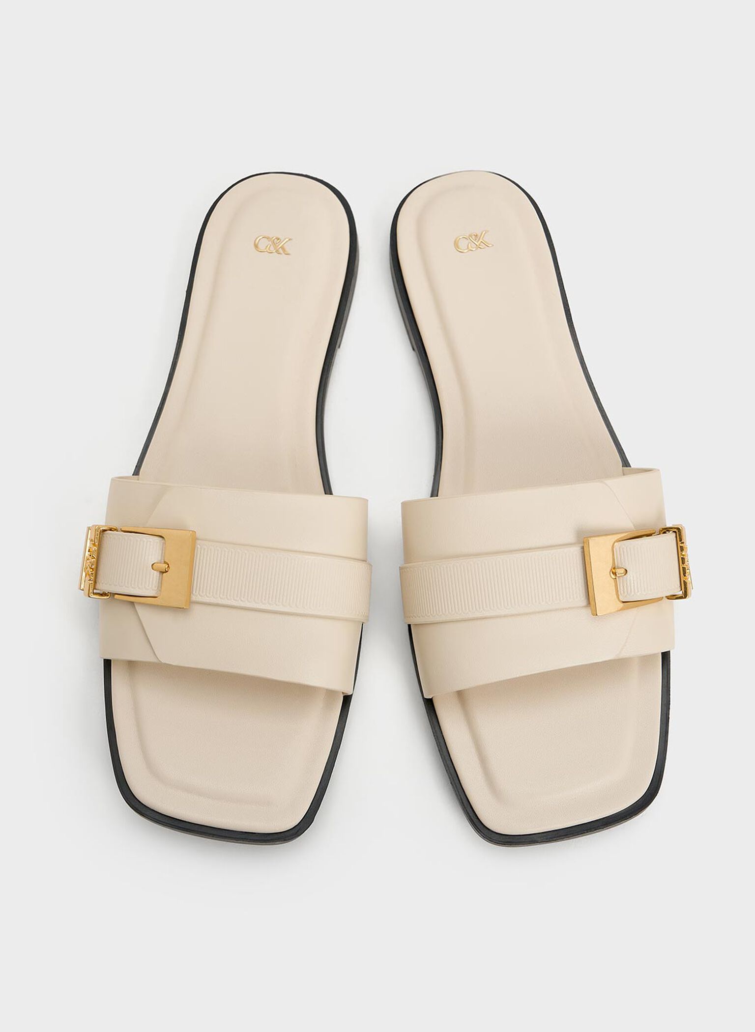 Whitney Leather Buckled Square-Toe Slide Sandals, Chalk, hi-res