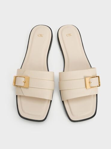 Whitney Leather Buckled Square-Toe Slide Sandals, Chalk, hi-res