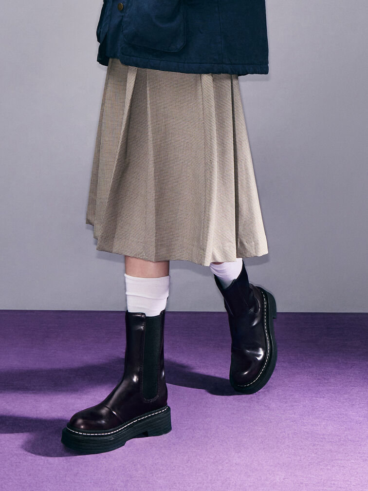 Stitch-Trim Platform Mid-Calf Chelsea Boots, Burgundy, hi-res