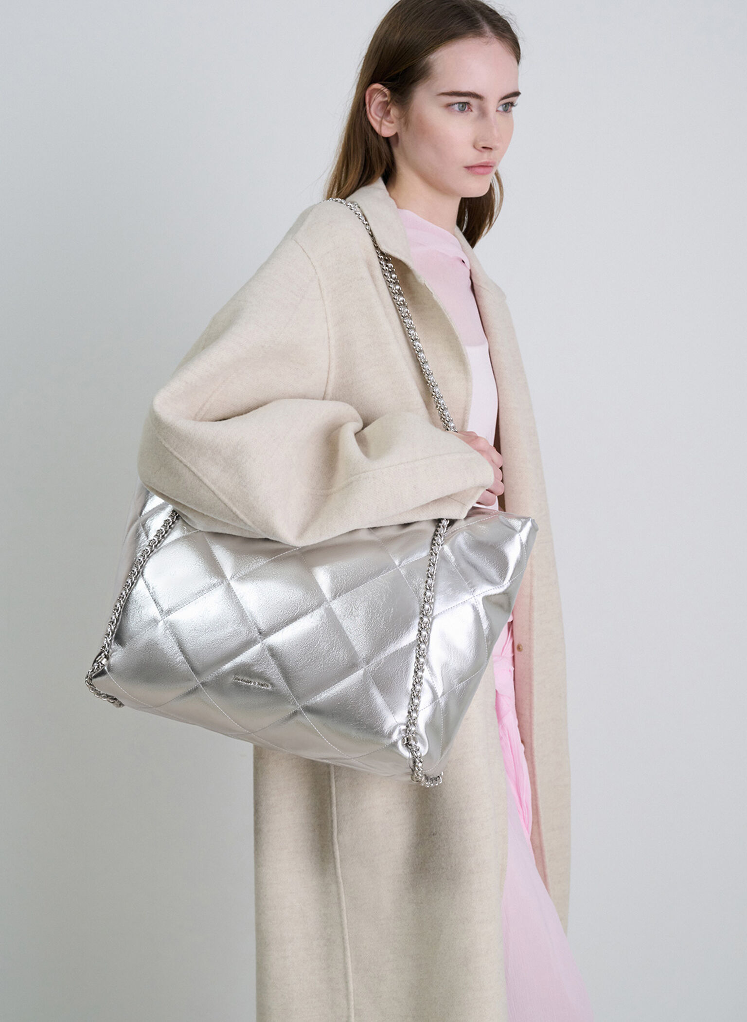 Apfra Metallic Quilted Chain-Embellished Tote Bag, Silver, hi-res